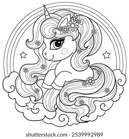 Little cartoon unicorn with a long tail sits on a cloud with a rainbow. Black and white linear drawing. Isolated on white background. For children's design of coloring books, prints, posters, stickers