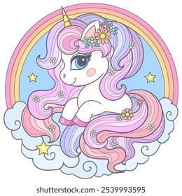 Little cartoon unicorn with a long tail sits on a cloud with a rainbow. Magic theme. For children's design prints, posters, cards, stickers, puzzles, etc. Vector illustration