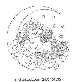 Little cartoon unicorn sleeps on a cloud. Black and white linear drawing. For children's design of coloring books, prints, posters, stickers, cards, puzzles, etc. Vector