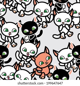 Little cartoon walking lovely cats. Seamless pattern with pink background. Vector illustration for design of book, cards or textile. Can use as wallpaper, fabric or cover print for any devices