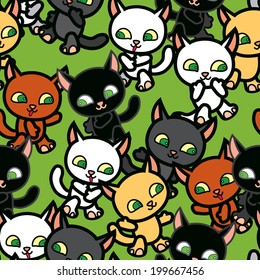 Little cartoon walking lovely cats. Seamless pattern with pink background. Vector illustration for design of book, cards or textile. Can use as wallpaper, fabric or cover print for any devices