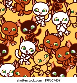 Little cartoon walking lovely cats. Seamless pattern with pink background. Vector illustration for design of book, cards or textile. Can use as wallpaper, fabric or cover print for any devices