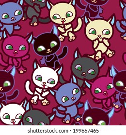 Little cartoon walking lovely cats. Seamless pattern with pink background. Vector illustration for design of book, cards or textile. Can use as wallpaper, fabric or cover print for any devices