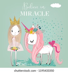 little cartoon white fairytale unicorn with princess