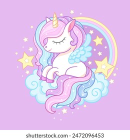 Pequeño unicornio blanco de dibujos animados duerme en una nube con un arco iris y estrellas. Para el diseño infantil de estampados, carteles, tarjetas, pegatinas, etc. Ilustración vectorial