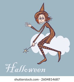 Little cartoon witch with magic wand sitting on cloud in blue sky, Halloween greeting card, vector illustration