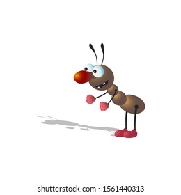 A little cartoony brown ant stands crouched and smiles. Isolated on a white background with a shadow.