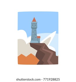 Little castle on top of cliff. Fantasy fortress on mountain peak surrounded by blue sky and white clouds. Flat vector design for print, game or children s book cover