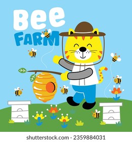 a little cat and bee on the farm funny cartoon