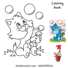 Little cat blowing soap bubbles. Coloring book. Cartoon vector illustration
