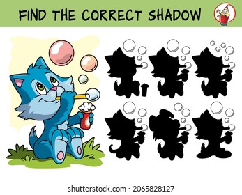 Little cat blowing soap bubbles. Find the correct shadow. Educational matching game for children. Cartoon vector illustration