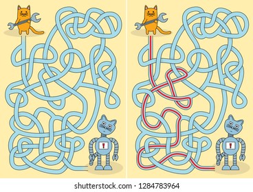 Little cat and broken robot maze for kids with a solution
