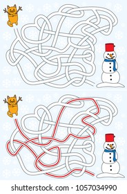 Little cat builds snowman maze for kids with a solution