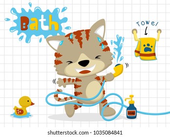 Little cat cartoon vector in bathroom holding water hose, bathroom elements illustration