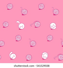 Little cat curls up and sleeps among the wool balls. Children seamless vector pattern.  Cute characters and graphic elements for kids. Cartoon hand drawn style. Wrapping, package, textile design.