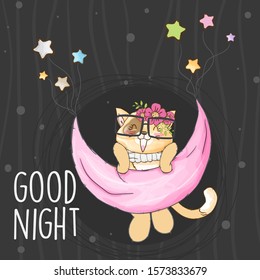 Little cat and cute moon with flower and star cartoon  illustration for kids. Orange cat on the pink moon. Cute cat wearing eyeglasses and flower on the moon with colorful star cartoon vector