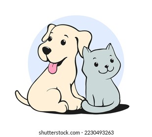 Little cat and dog cartoon illustration, pet logo or symbol design with cute puppy and kitty