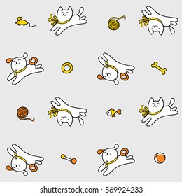 Little cat and little dog are playing with pet toys. Children seamless vector pattern. Cute characters and graphic elements for kids design. Cartoon hand drawn style. Wrapping, packaging, textile.