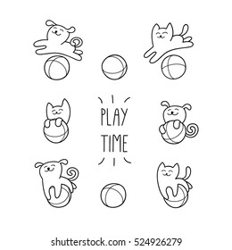 Little cat and little dog are playing toy balls. Children vector illustration. Cute character design. Set of graphic elements for kids. Cartoon hand drawn style. Wrapping, package, textile design.