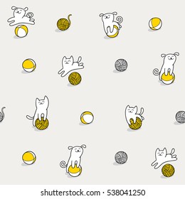 Little Cat And Dog Are Playing Toy And Wool Balls. Children Seamless Vector Pattern. Cute Character Design. Graphic Elements For Kids. Cartoon Hand Drawn Style. Wrapping, Package, Textile Design.