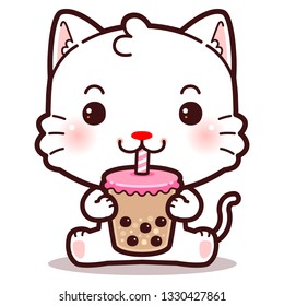 Little Cat Eating Boba Milk Tea. Bubble Milk Tea is Taiwanese famous and popular drink.