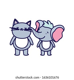little cat and elephant cartoon character on white background vector illustration