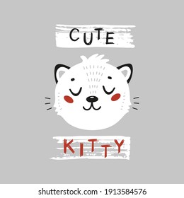 Little Cat Face. Cute Kitten Head for Tee Print Design for Kids. Vector Cartoon Baby Animal. Scandinavian Card, Print or Poster 
