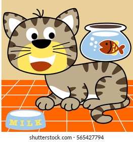 little cat with fish in jar, vector cartoon illustration