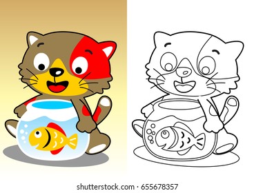 little cat with a fish in a jar, vector cartoon, coloring book or page
