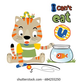 Little cat with fishing tackle, caterpillar on cat's head, fish in the jar, vector cartoon illustration