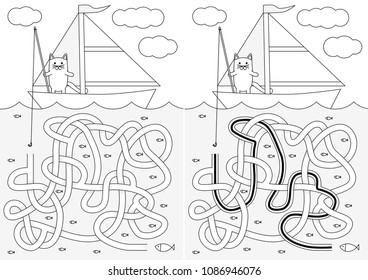 Little cat goes fishing    maze for kids and solution in black   white