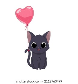 Little cat and heart shaped balloon. Vector illustration of a cute cartoon sitting cat. Adorable romantic kitty. Isolated clip art on white background.