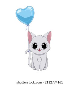 Little cat and heart shaped balloon. Vector illustration of a cute cartoon sitting cat. Adorable romantic kitty. Isolated clip art on white background. Poster for Valentine's Day.