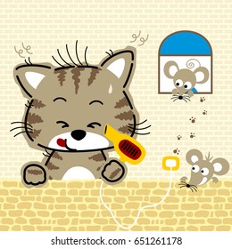 Little cat holding hair dryer with two mice on bricks wall background, vector cartoon illustration