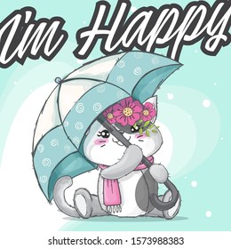 Little cat holding an umbrella cartoon illustration for kids. Beauty cats with flower and umbrella. White kitty wearing pink scarf holding blue umbrell