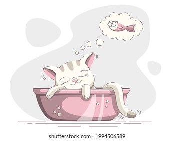 Little cat ist sleeping and dreams of a fish. Vector illustration in cartoon style.