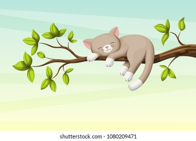 Little Cat ist sleeping on a branch with leaves