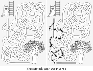 Little Cat With Ladder Helping Other Cat On A Tree Maze For Kids With A Solution In Black And White