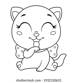 Little cat licking paw coloring page. Black and white outline illustration