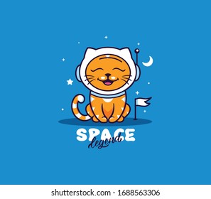 A little cat, logo with text Space legend. Funny kitty cartoon character, logotype, badge, sticker, emblem on blue background isolated. Vector illustration, flat, line art style, creative design