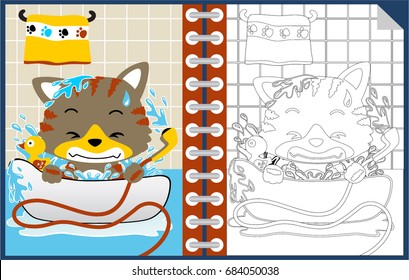 Little cat on bathtub in the bathroom, coloring book or page