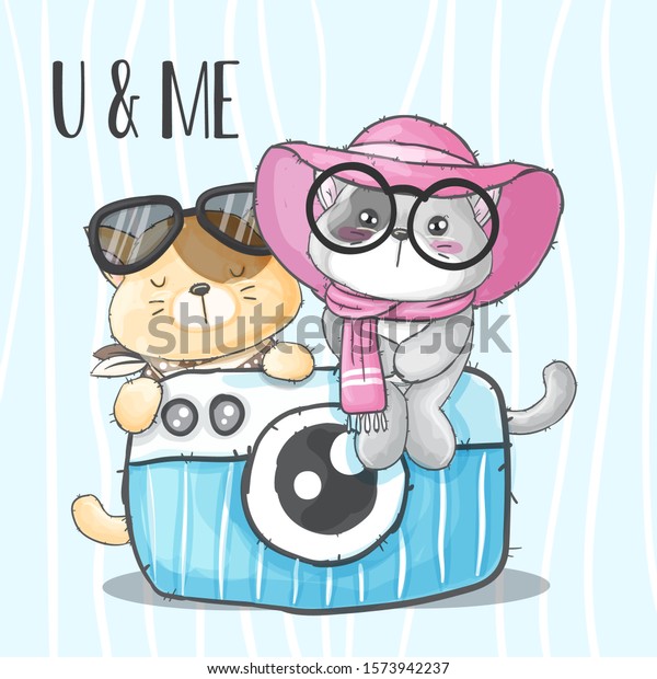 Little Cat On Big Camera Cartoon image vectorielle de stock (libre de