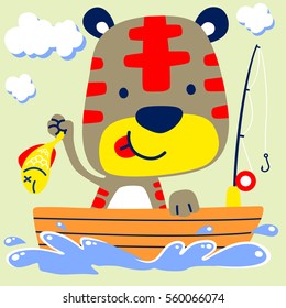 Little cat on boat fishing, vector cartoon illustration