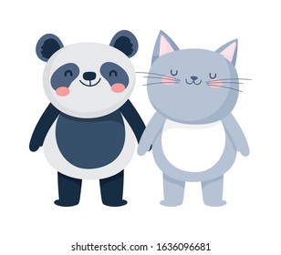 little cat and panda cartoon character on white background vector illustration