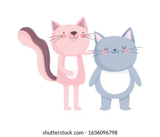 little cat and pink cat cartoon character on white background vector illustration