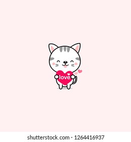Little cat with pink hearts. vector illustration.