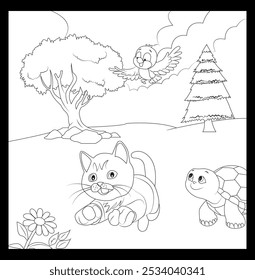 little cat playing with his friend, little turtle and little bird. with two trees background. easy coloring book for kids