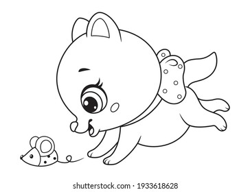 Little cat playing with toy mouse coloring page for kids. Black and white outline illustration