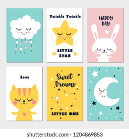 Little cat, rabbit, cloud, moon and star, cute characters set, posters for baby room, greeting cards, kids and baby t-shirts and wear