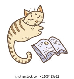 A little cat reading a book. Cute kitten isolated on white background. Education vector illustration. Back to school image. Adorable animal clip art.